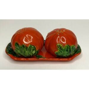 Vintage Maruhon Ware Tomato Salt and Pepper Shaker With Tray hand painted Japan